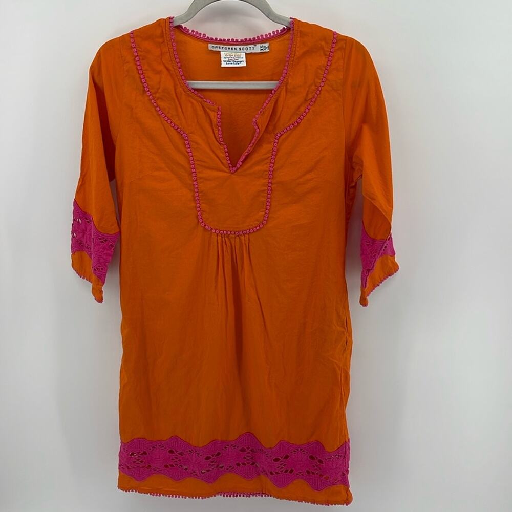 Gretchen Scott cotton lace embellished 3/4 sleeve tunic dress with pockets XS